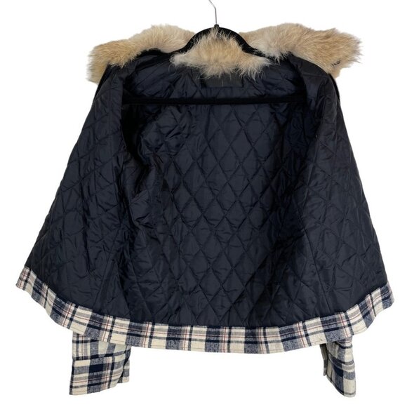Jenni Kayne Flannel Checked Coyote Fur Collar Full Zip Jacket Navy Ivory M - Picture 9 of 12